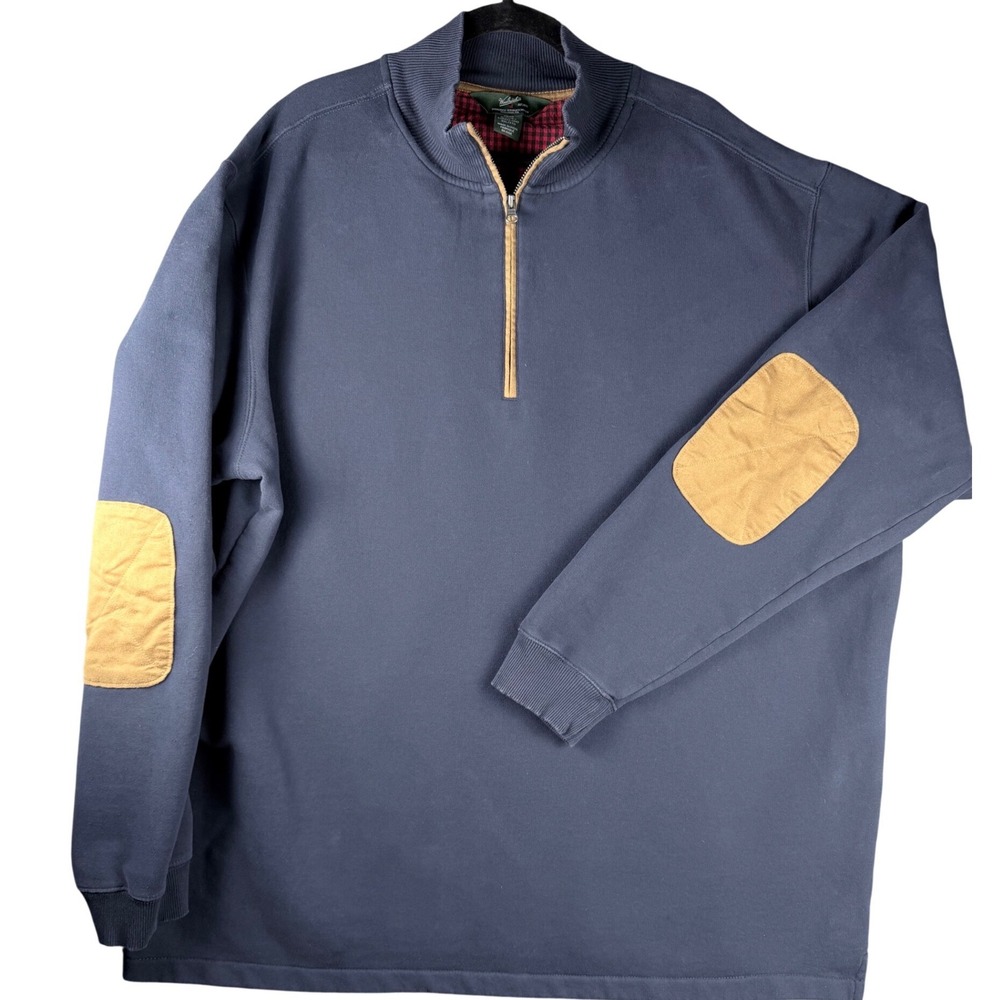 Woolrich Mens 3XL Long Tall Navy Blue Quarter Zip Sweatshirt Elbow Patches Trim